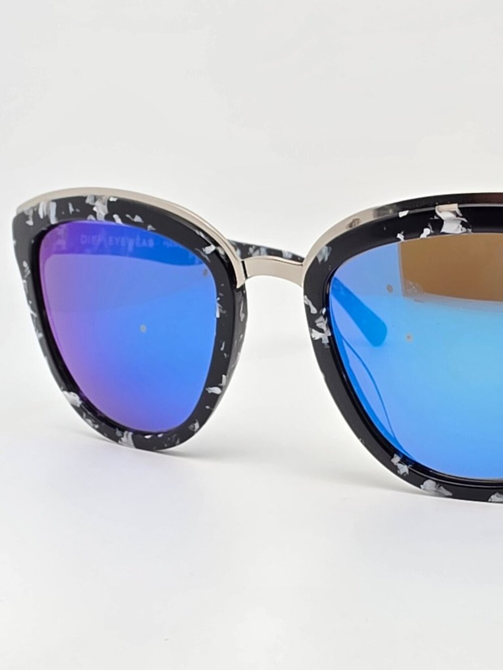 Diff Eyewear Rose Black Marble Frame Polarized Blue Mirror Cat Eye Sunglasses